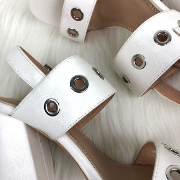 Women's AMS Sarah Silver Grommet Eyelets Slingback Block Heel Sandals White - Picture 8 of 10